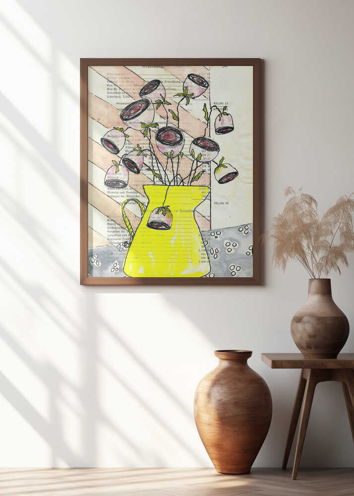 Jug with roses in front of striped wallpaper