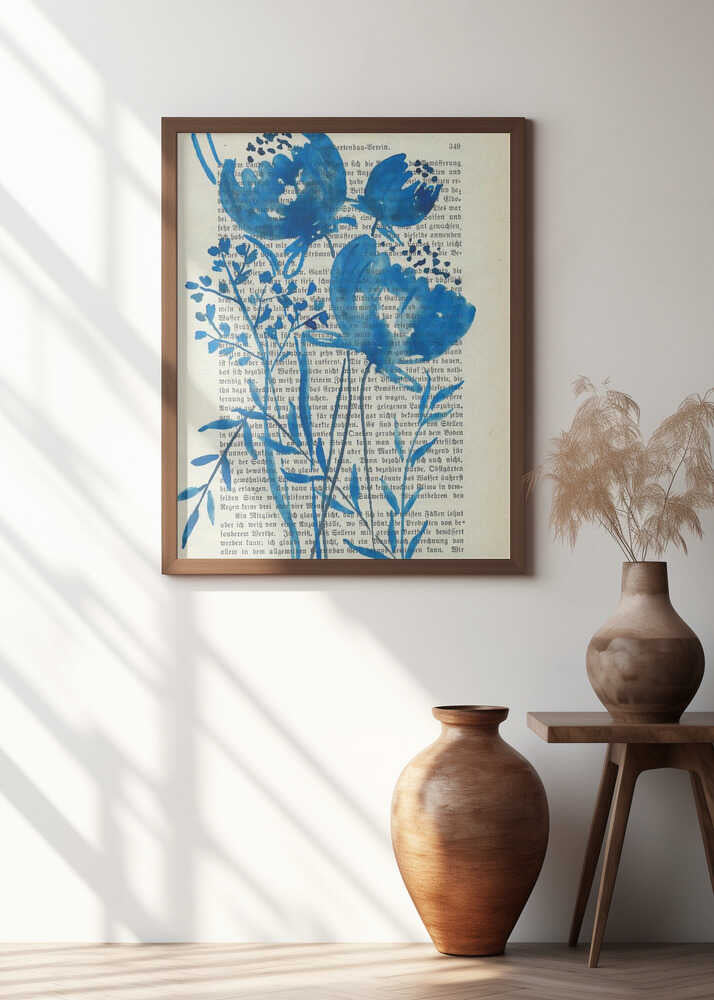 Denim blue sketch with wild meadow flowers