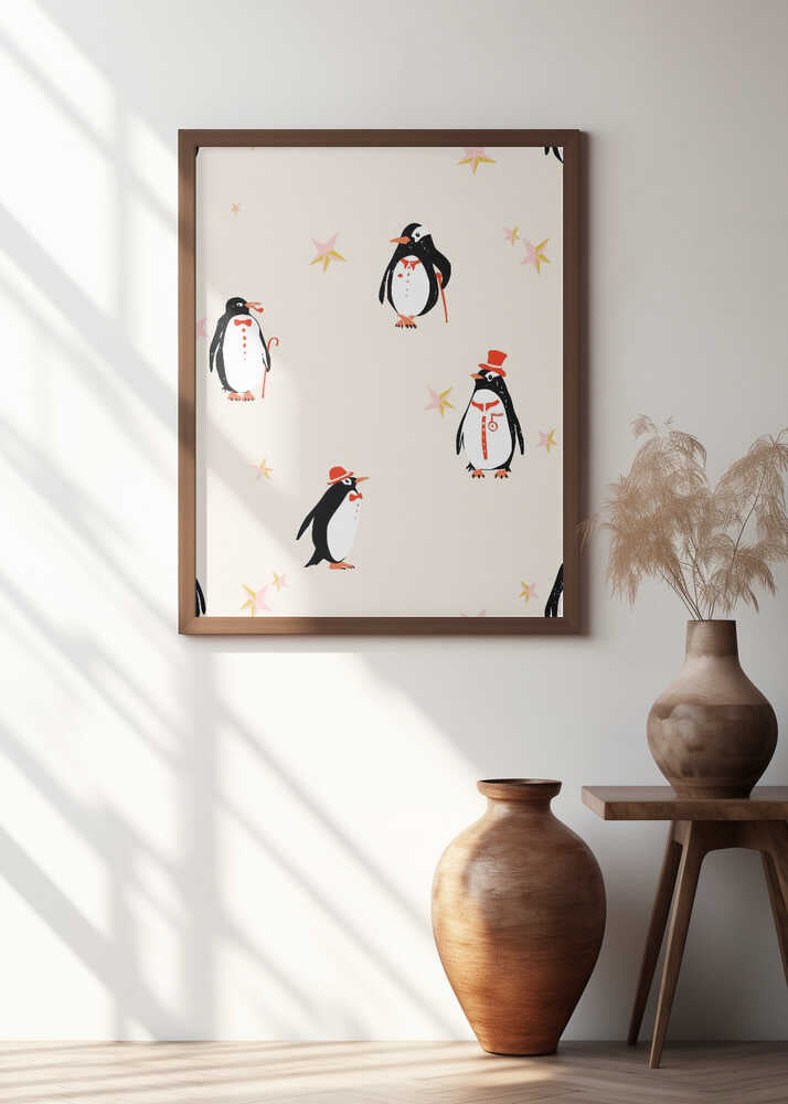 Festive winter animals penguins minimalistic background pattern