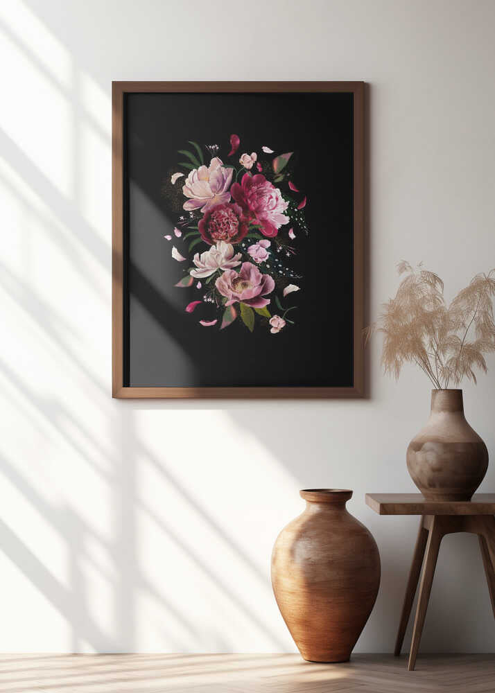 Pink Peonies Explotion Black Artwork