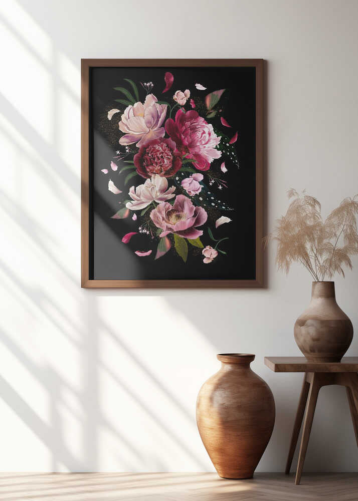 Pink Peonies Explotion Black Artwork