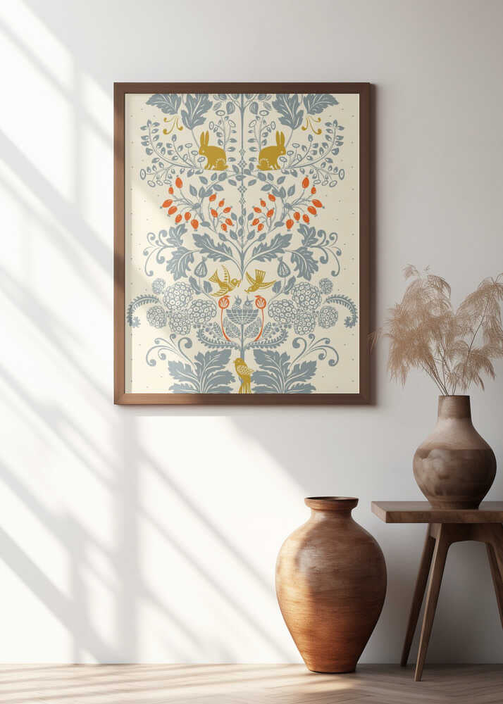 Garden Tales damask XXL panel cream and dusty blue pattern
