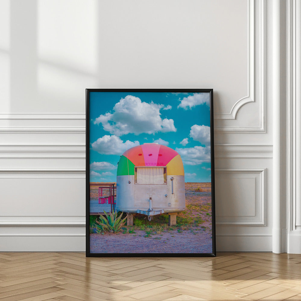 Art Prints of Vintage Camper Trailer With Rainbow Top