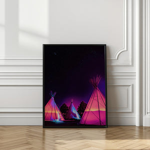Art Prints of Vaporwave Teepees Glowing at Night Under Stars In Marfa Texas