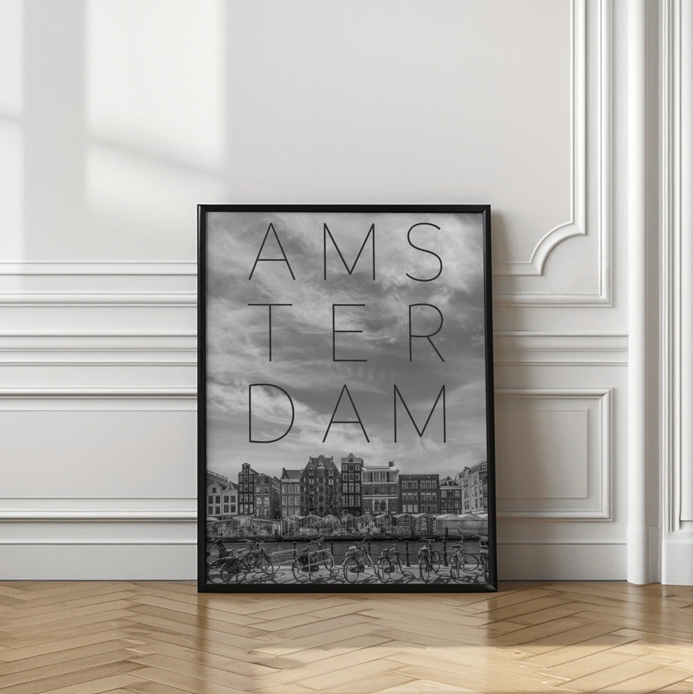 Art Prints of AMSTERDAM Singel Canal with Flower Market | Text & Skyline