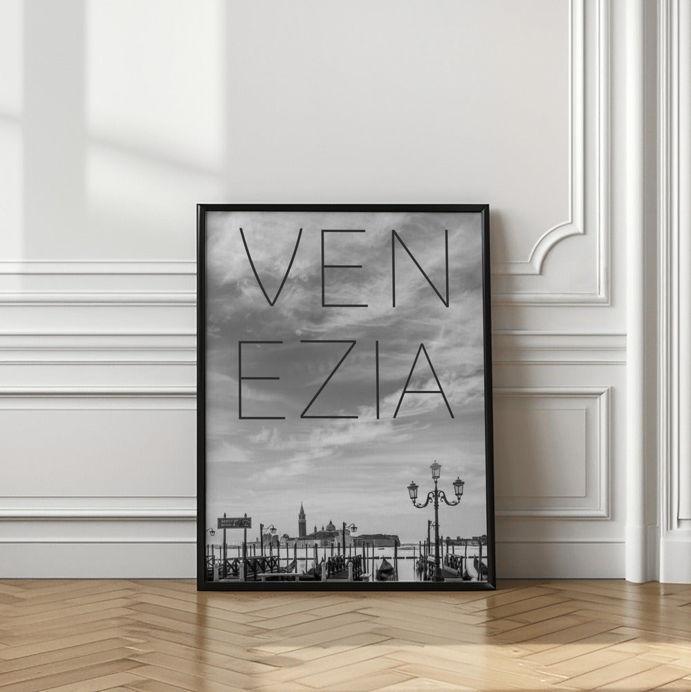 Art Prints of VENICE Gondolas in the early morning | Text & Skyline