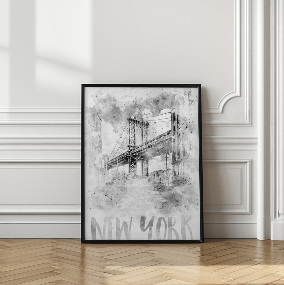 Art Prints of Monochrome Art NYC Manhattan Bridge | watercolor