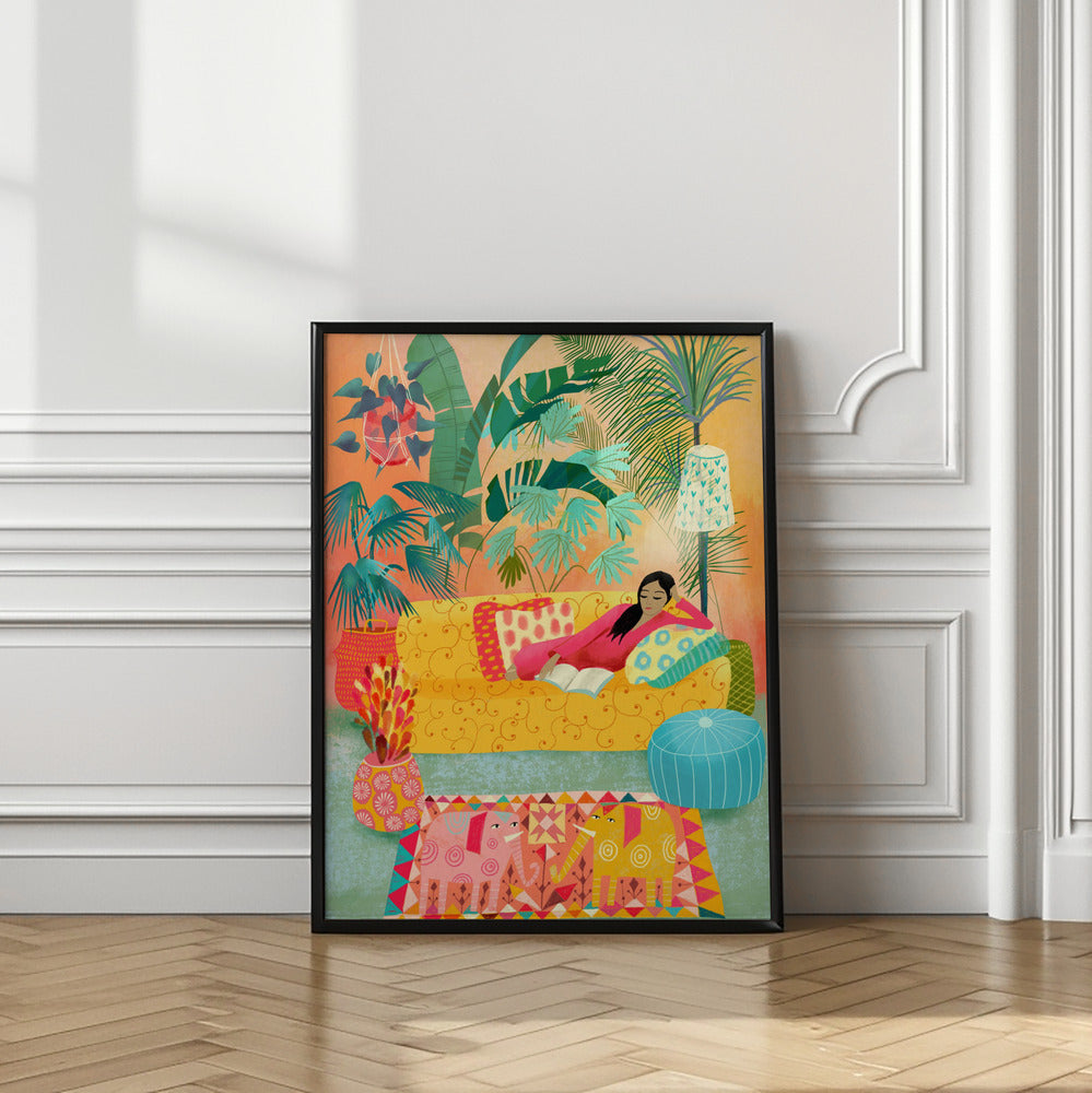 Woman Reading In Tropical Living Room