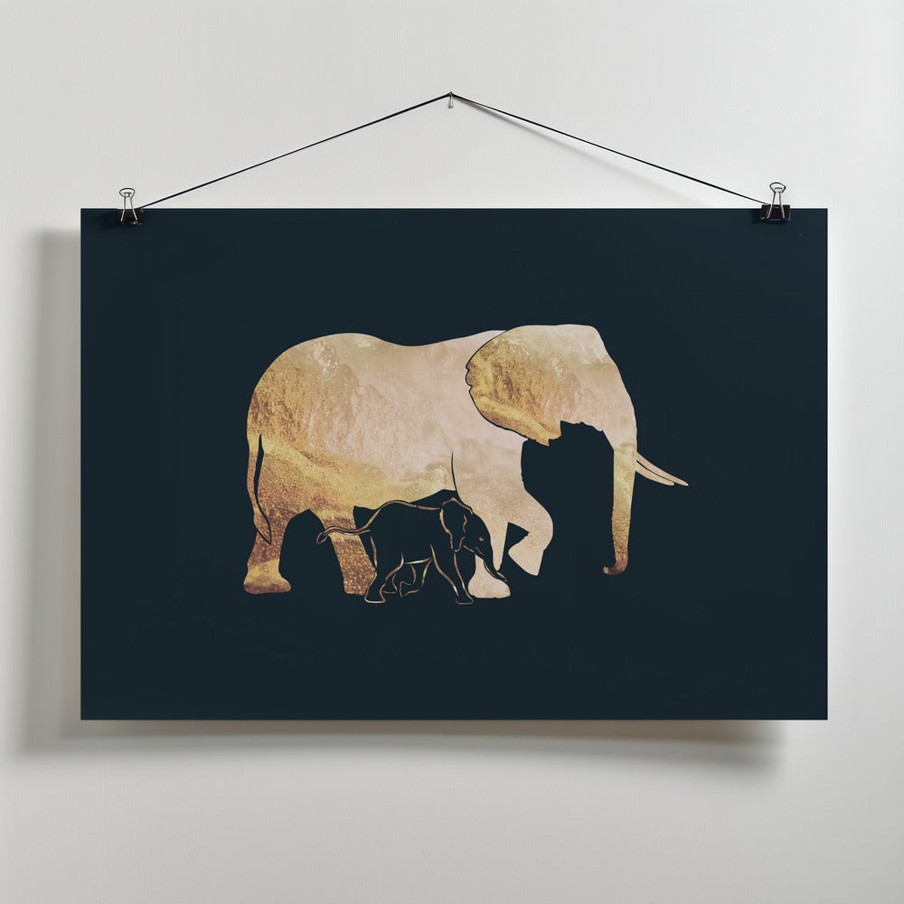 Canvas Art Print Black gold elephants 2
