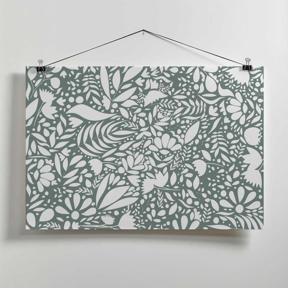 Art Prints of Scandi green white pattern