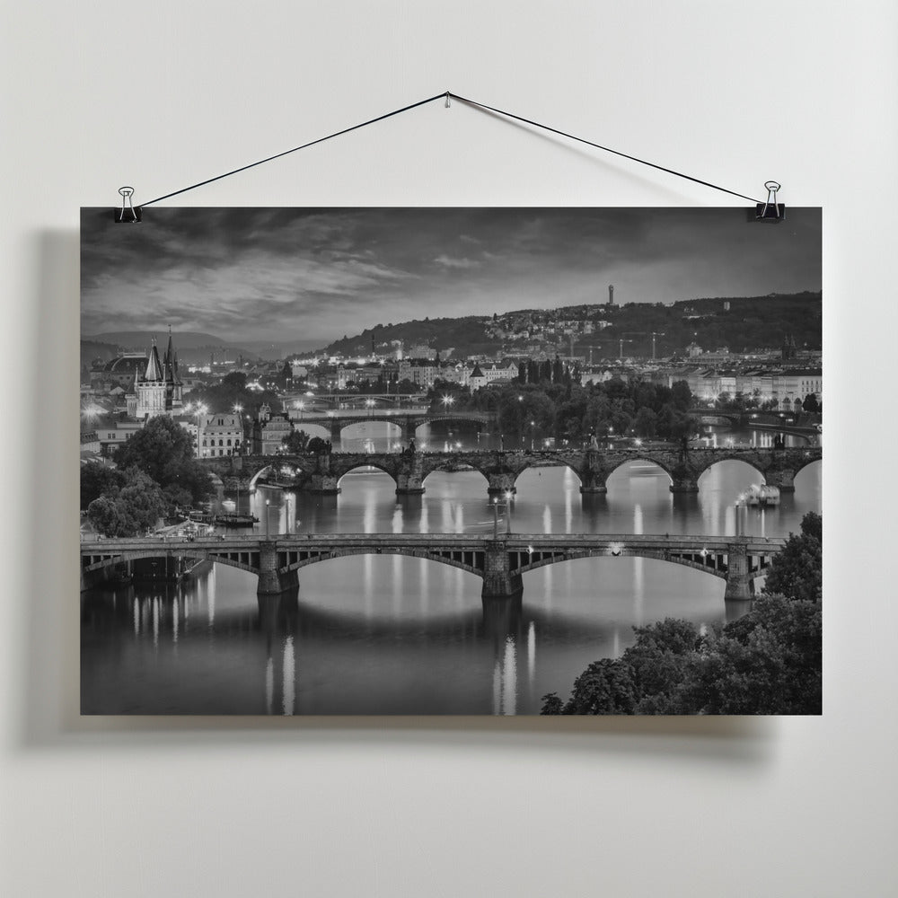 Art Prints of Evening view over the Vltava bridges in Prague - Monochrome
