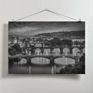 Art Prints of Evening view over the Vltava bridges in Prague - Monochrome