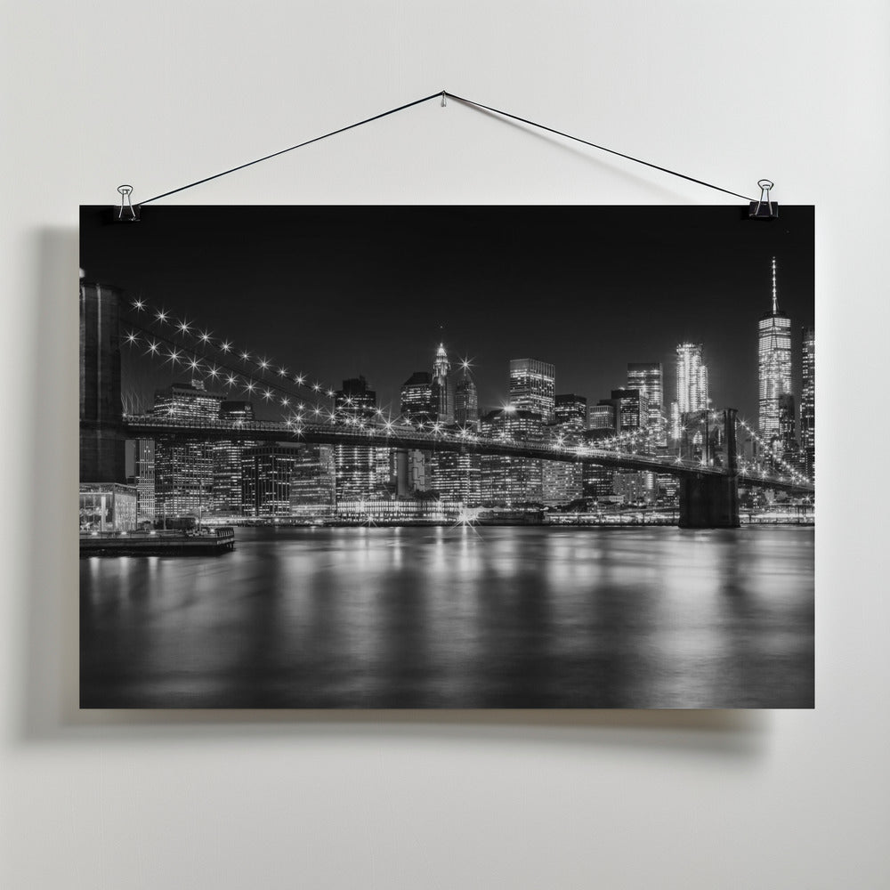 Art Prints of MANHATTAN SKYLINE & BROOKLYN BRIDGE Idyllic Nightscape - Monochrome Panoramic