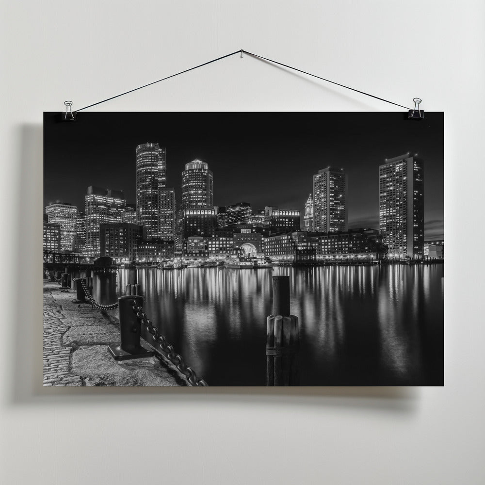 Art Prints of BOSTON Fan Pier Park & Skyline at night - monochrome