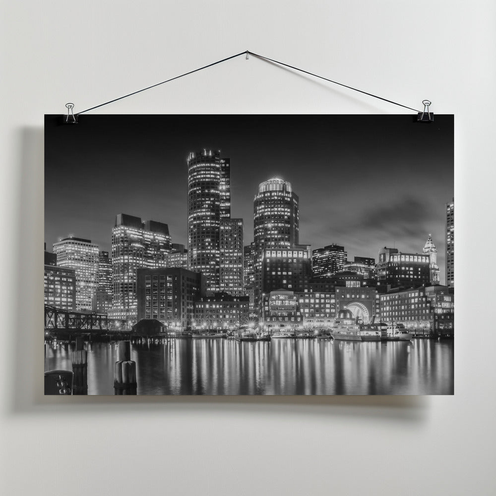 Art Prints of BOSTON Fan Pier Park & Skyline in the evening - Monochrome Panoramic