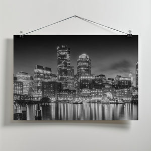 Art Prints of BOSTON Fan Pier Park & Skyline in the evening - Monochrome Panoramic