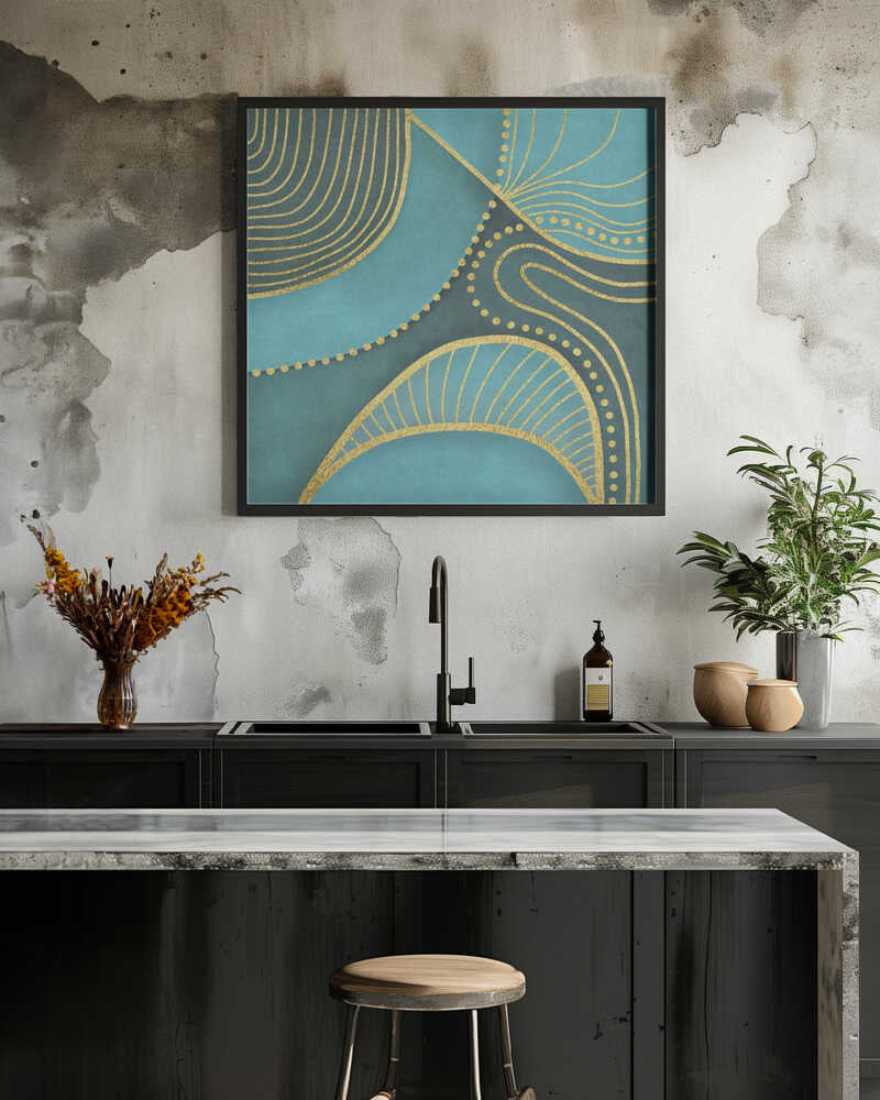Shaded Mid Century Art Turquoise Gold