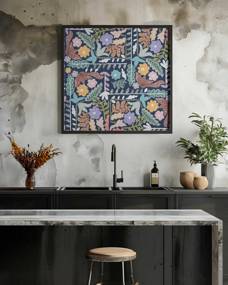 Block print geometric meadow dark blue