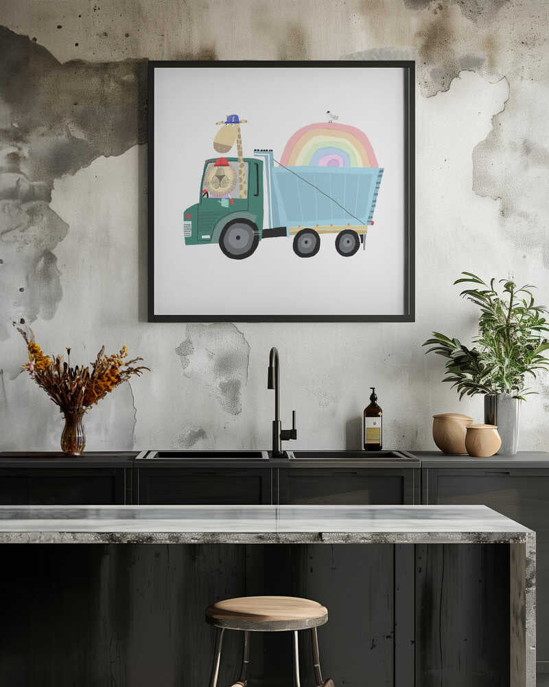 Lion & Giraffe in Construction Truck with Rainbow