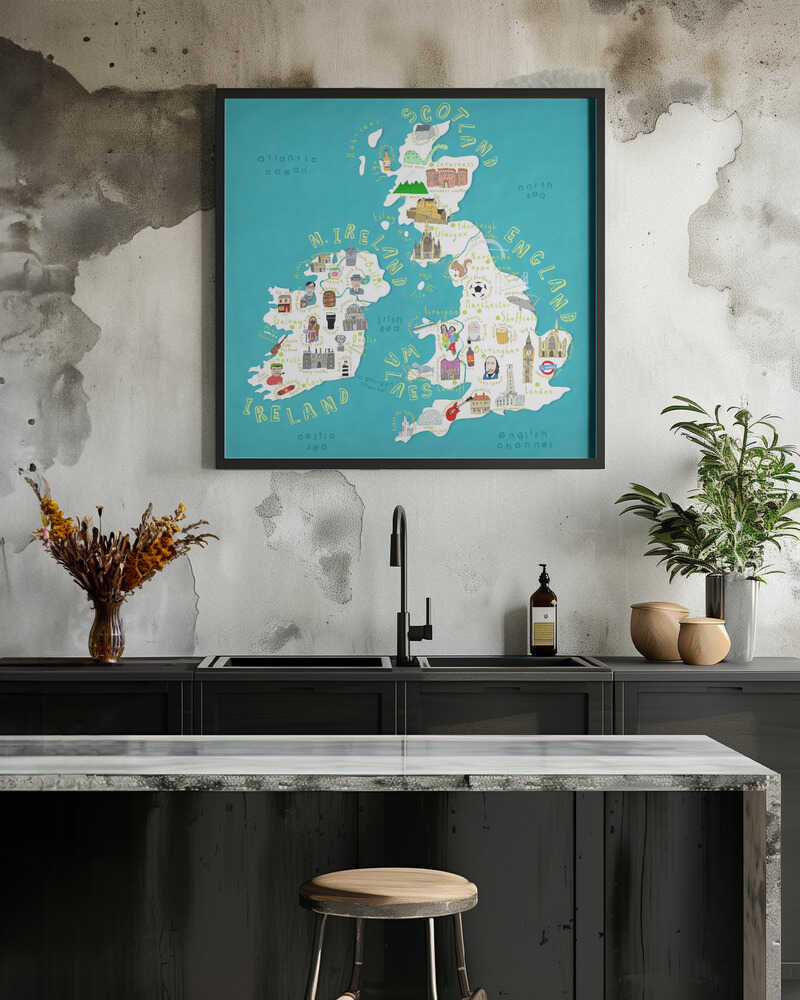 Map of UK and Ireland with Country Icons by Artist Carla Daly