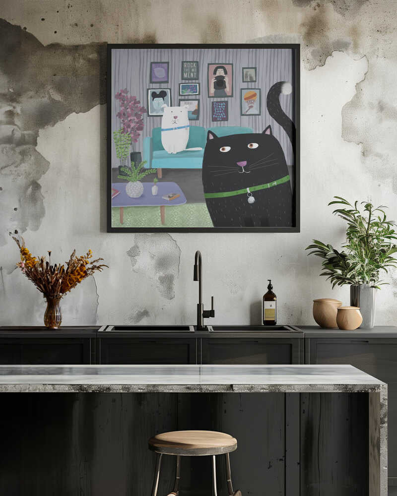 Black Cat and White Dog in Trendy Interior by Carla Daly