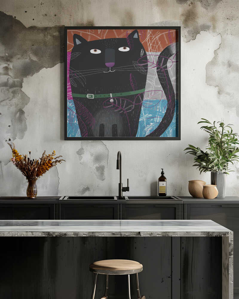 Black Cat with Falling Autumnal Leaves by Artist Carla