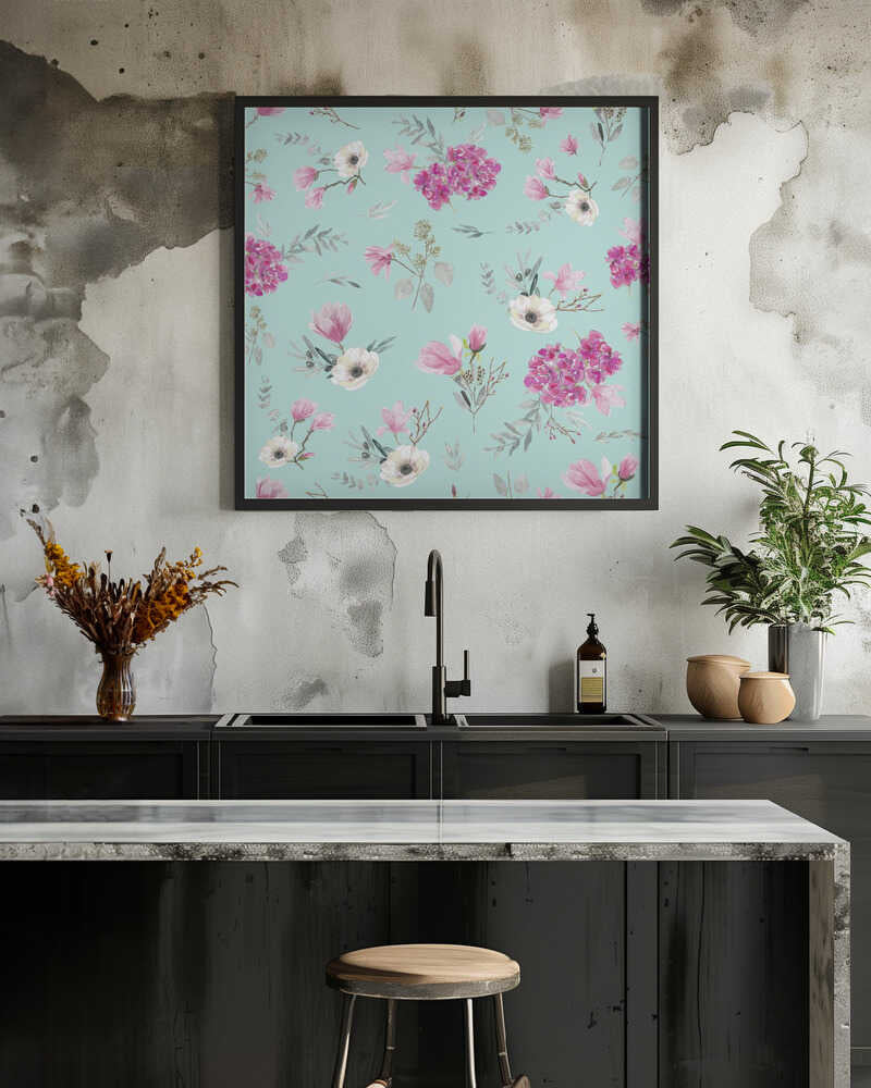 Floral Bouquets Pattern Acqua and Pink