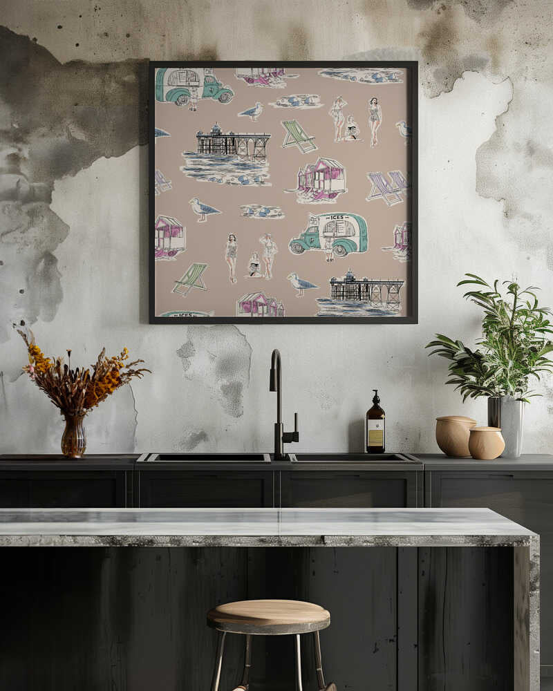 Retro Beach Bathers Toile Taupe