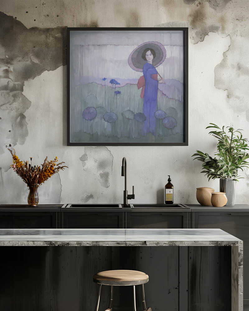 Woman In A Blue Kimono With An Umbrella