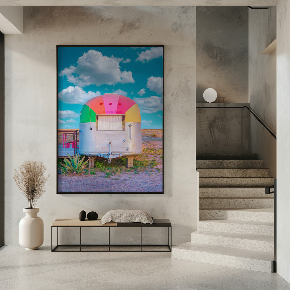 Art Prints of Vintage Camper Trailer With Rainbow Top