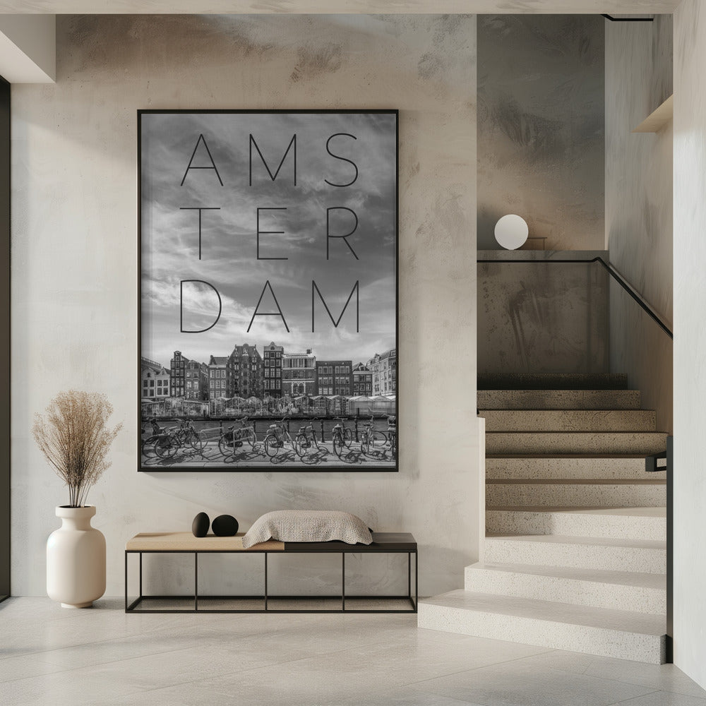 Art Prints of AMSTERDAM Singel Canal with Flower Market | Text & Skyline