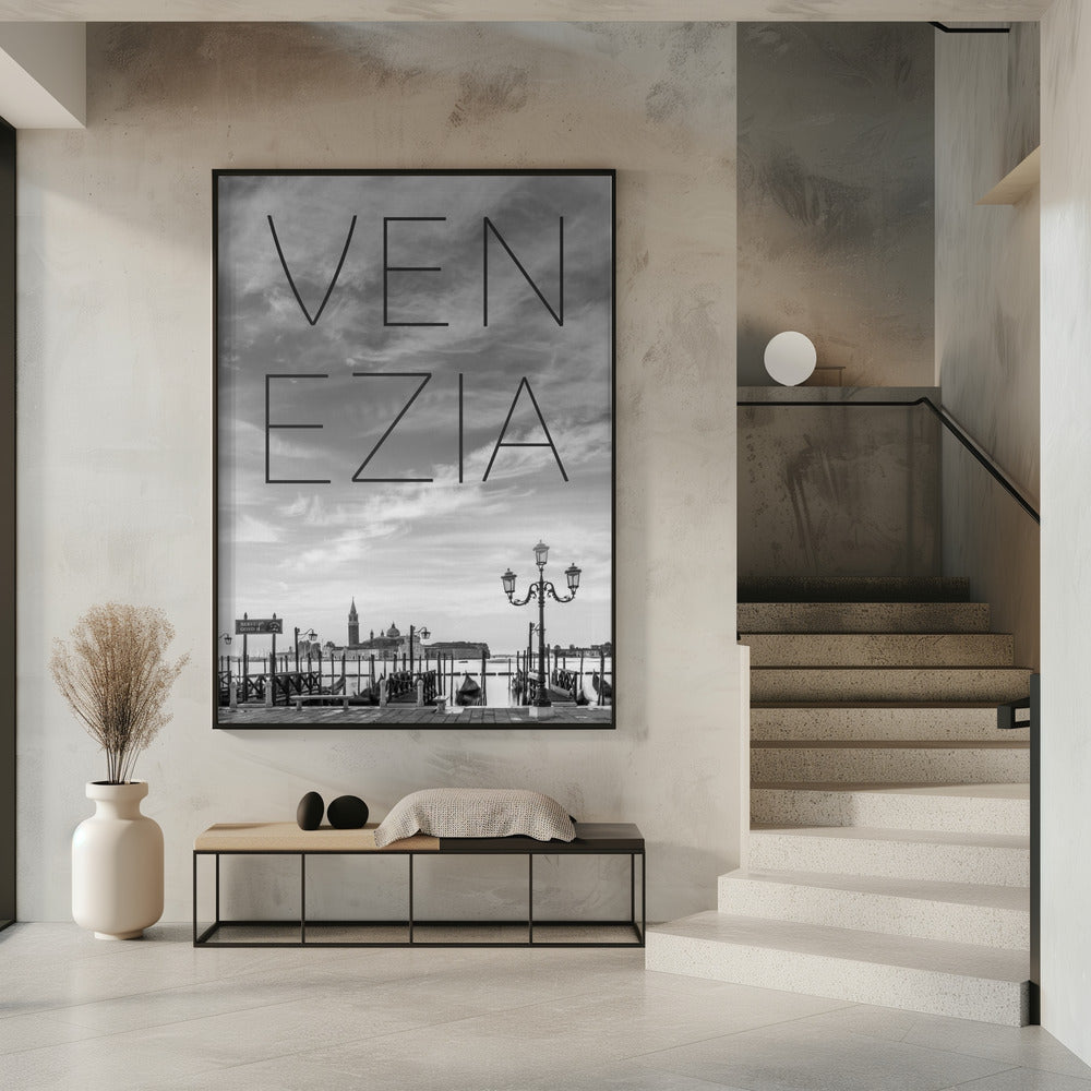 Art Prints of VENICE Gondolas in the early morning | Text & Skyline