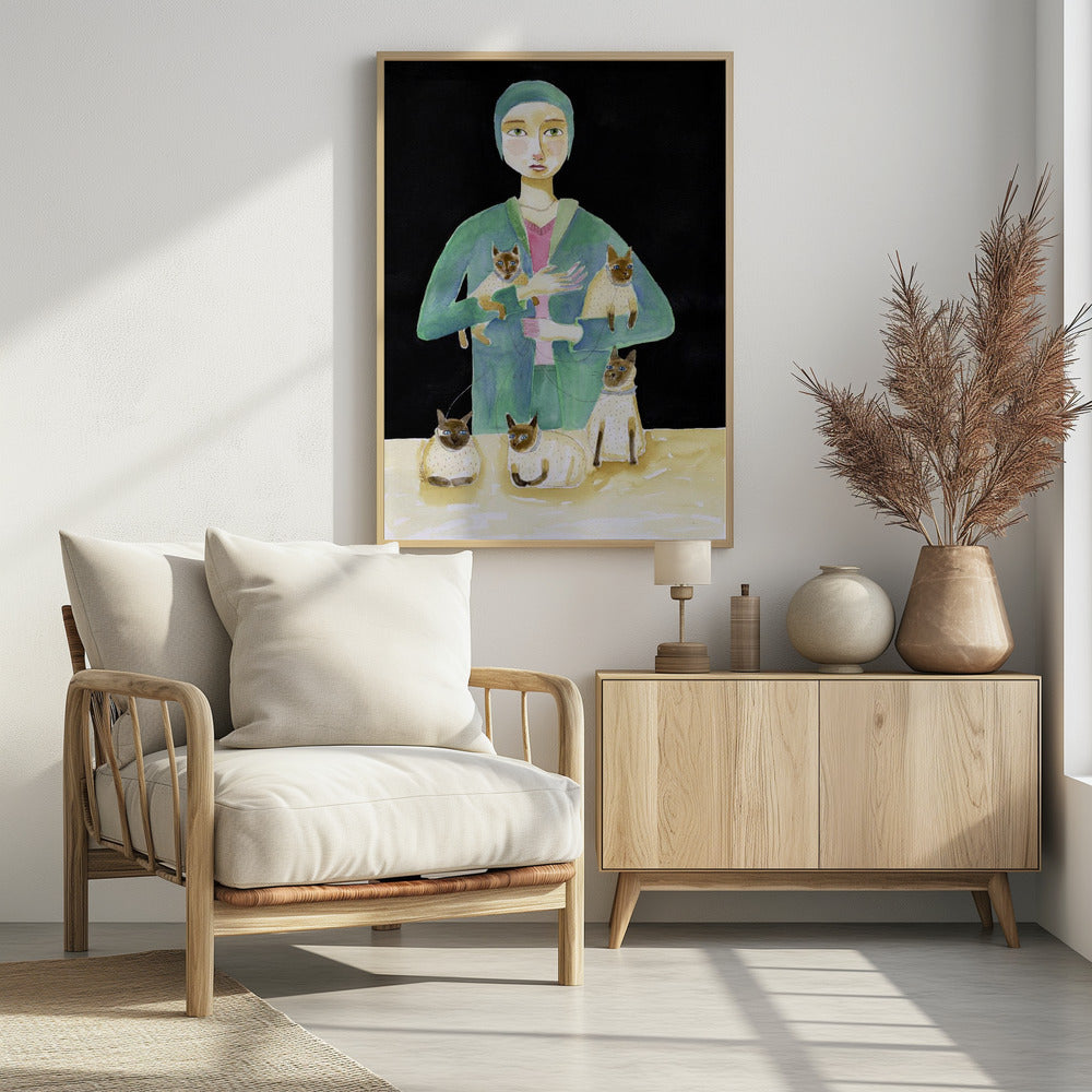 Art Prints of Lady with Five Siamese Cats