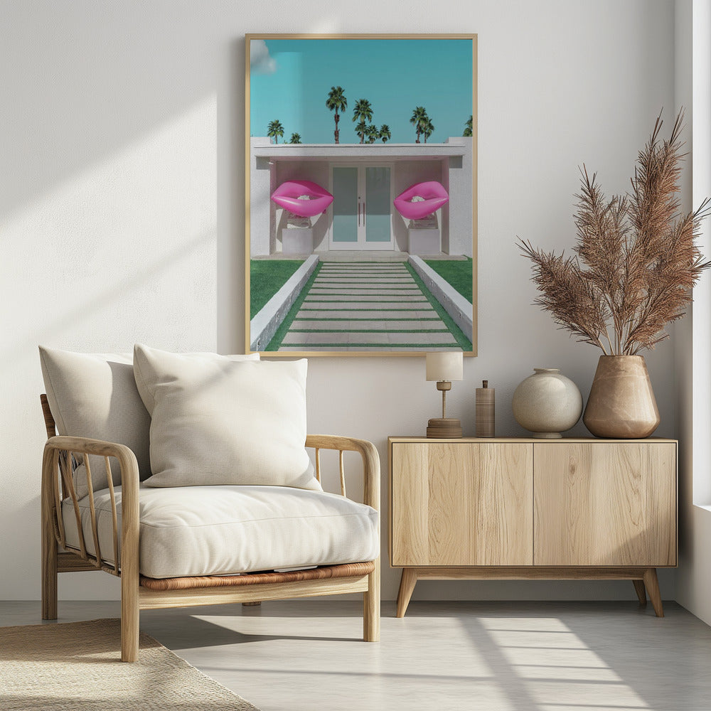 Art Prints of Mid-Century Modern House with Pink Lips
