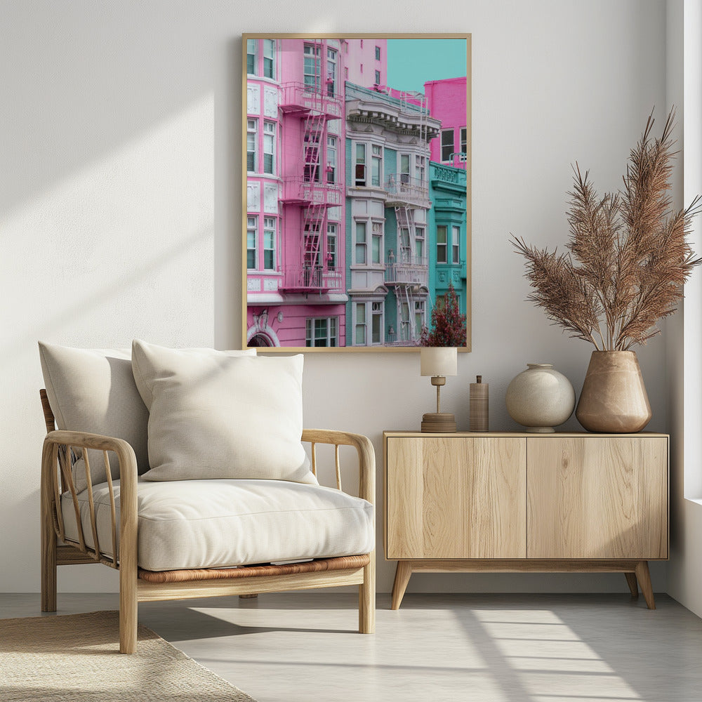 Art Prints of Pink and Blue Row Houses in San Francisco