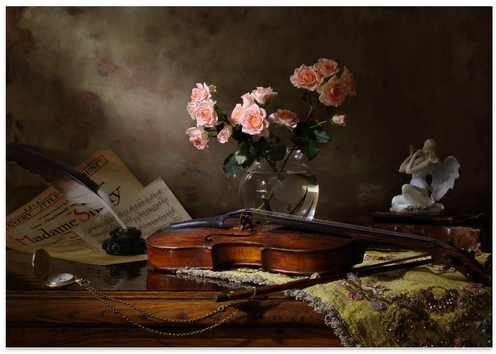 Still life with violin and roses
