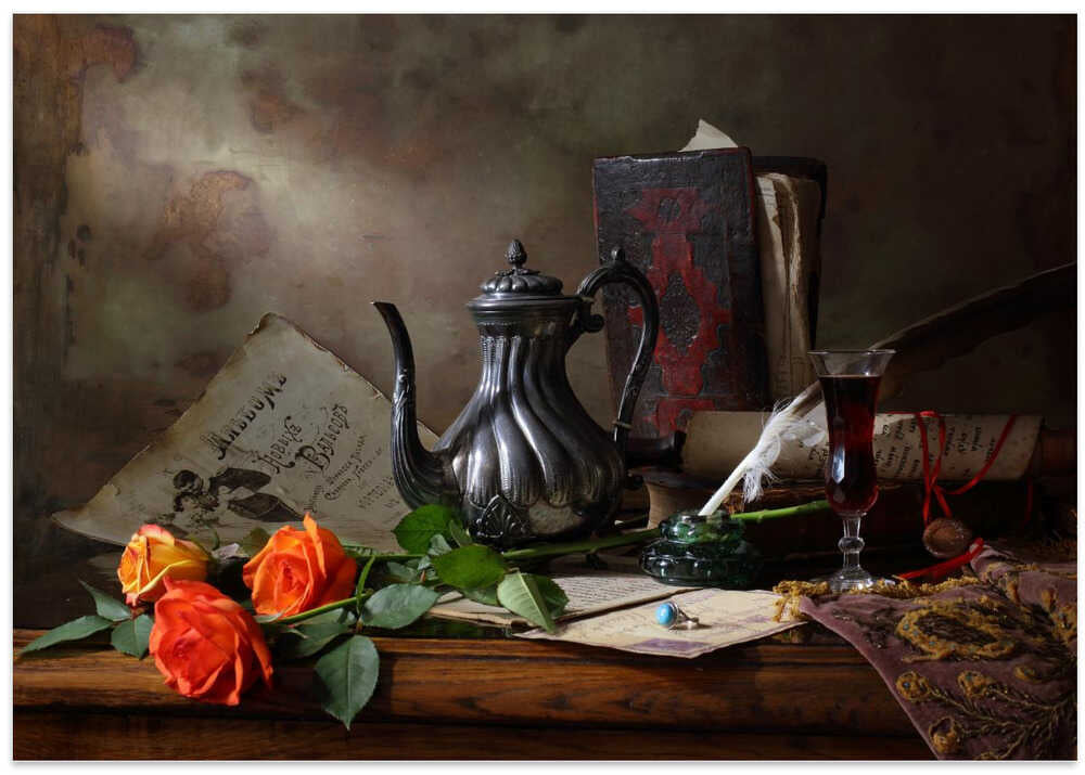 Still life with teapot and roses