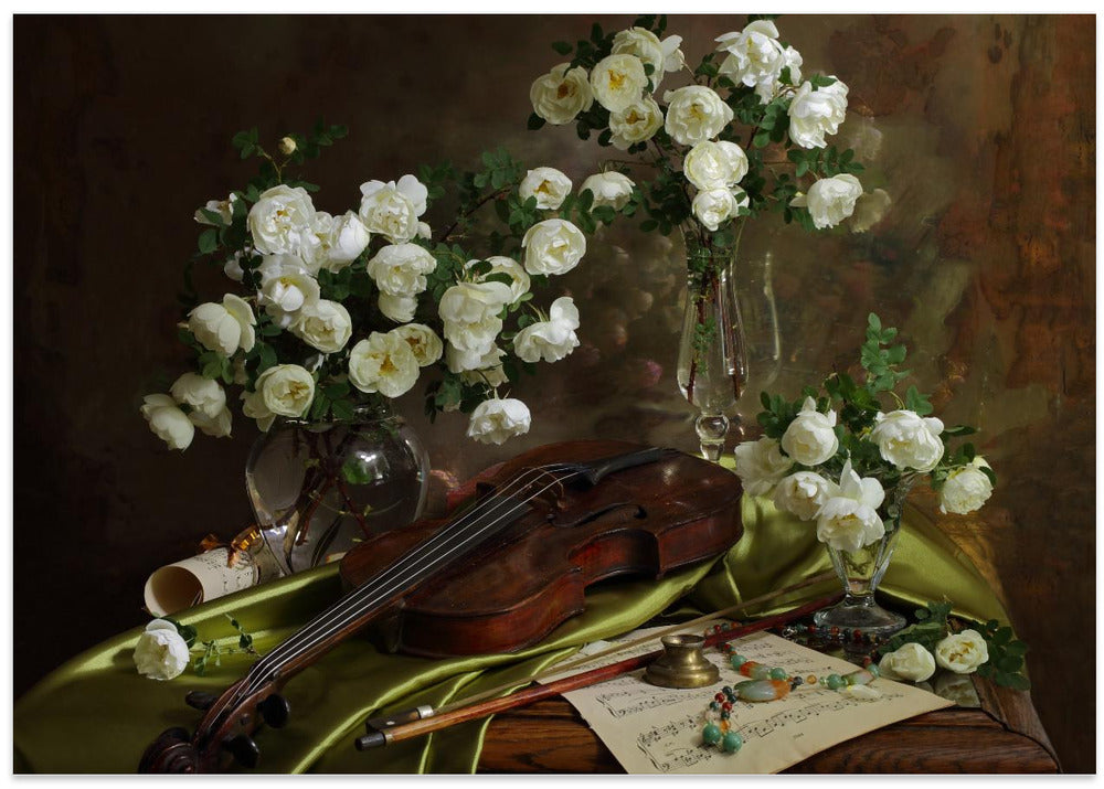 Still life with violin and flowers