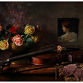 Still life with violin and flowers