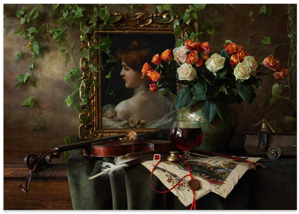 Still life with violin and flowers