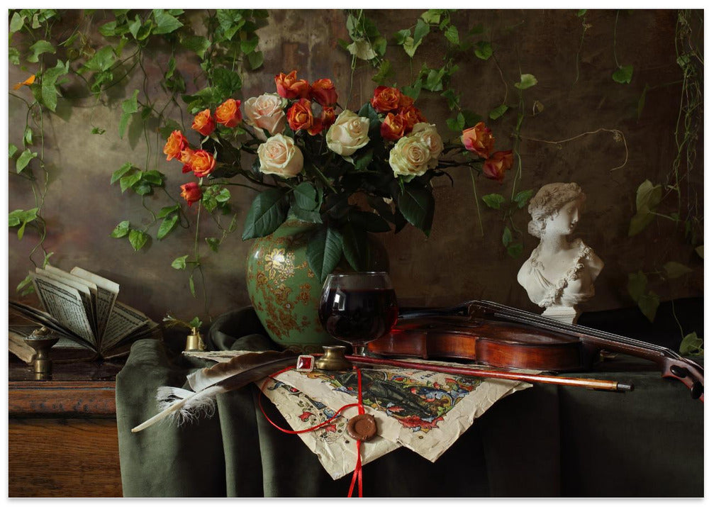 Still life with violin and flowers