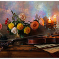 Still life with violin and flowers