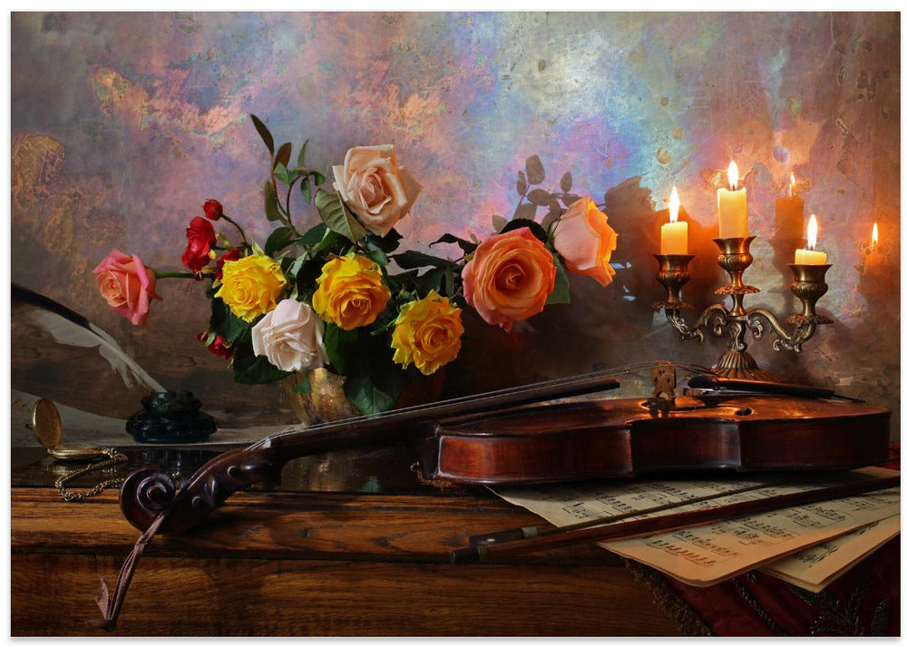 Still life with violin and flowers