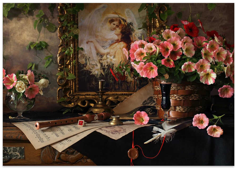 Still life with flowers and picture