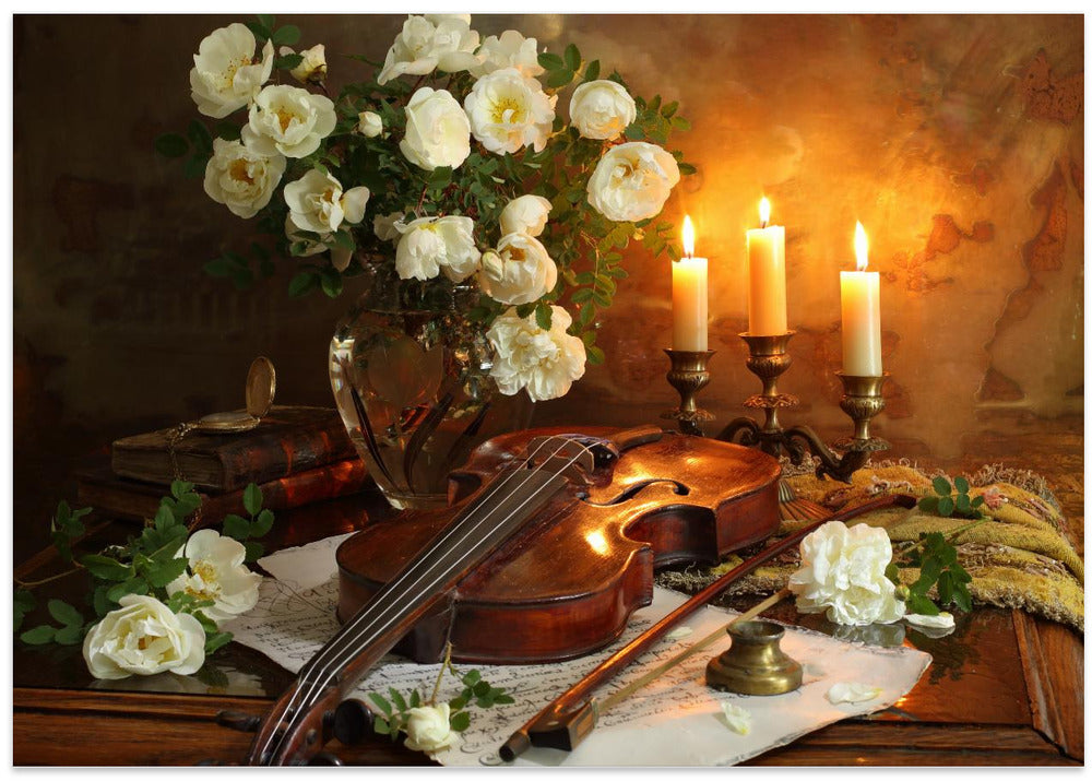 Still life with violin and flowers