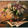 Still life with violin and lilac flowers