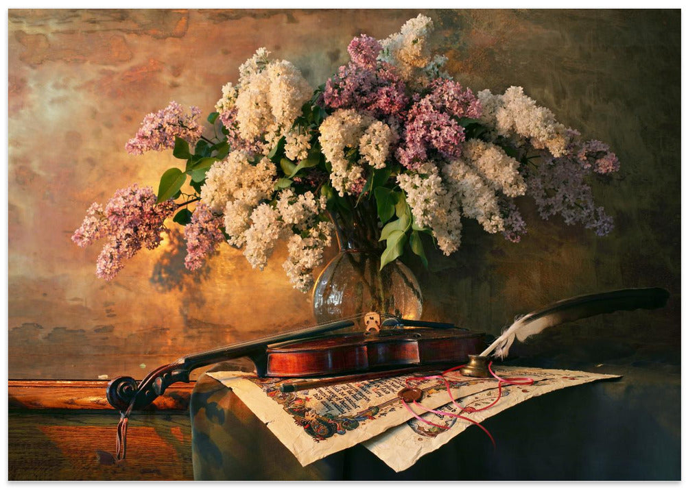 Still life with violin and lilac flowers