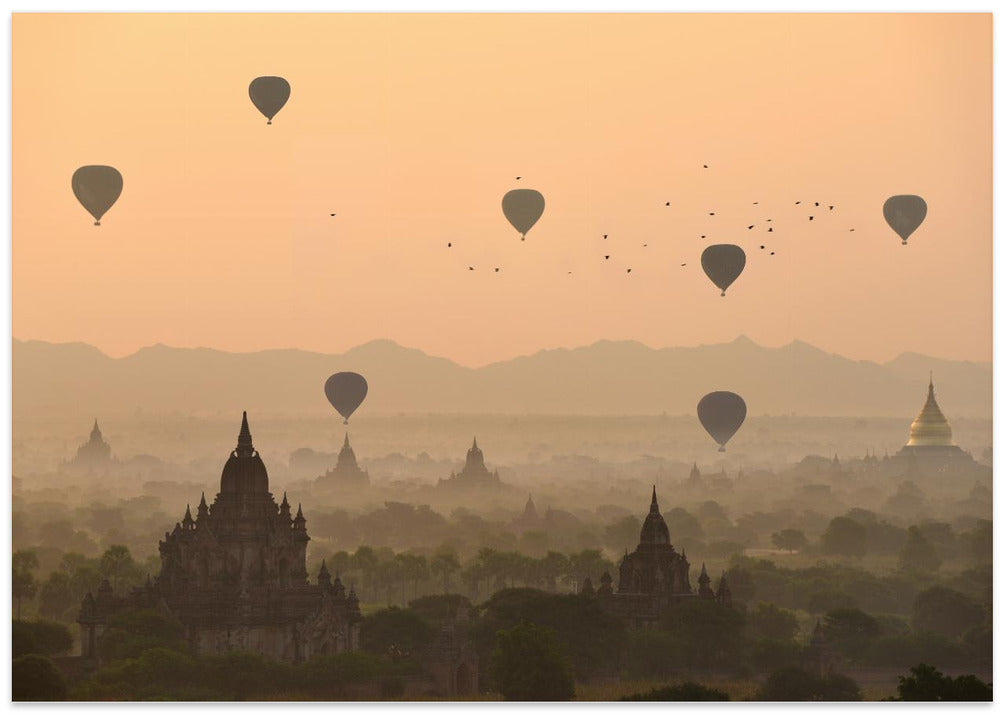 Bagan, balloons flying over ancient temples