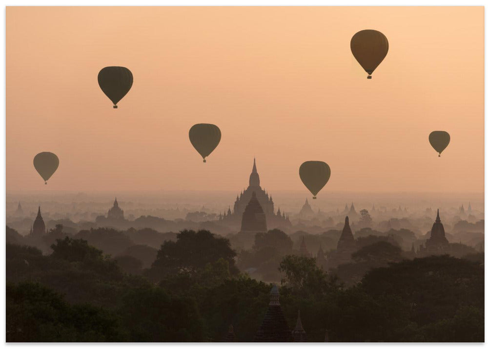 Bagan, balloons flying over ancient temples