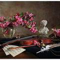 Still life with violin and flowers